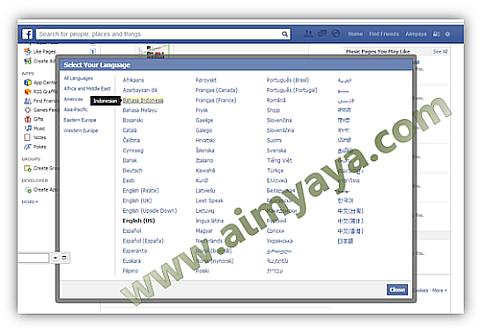  Gambar: Daftar pilihan bahasa facebook yang baru