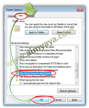  Gambar: Mengaktifkan fasilitas check box untuk pemilihan file/folder di Windows Explorer 