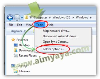  Gambar: Mengakses opsi pengaturan folder Windows Explorer 