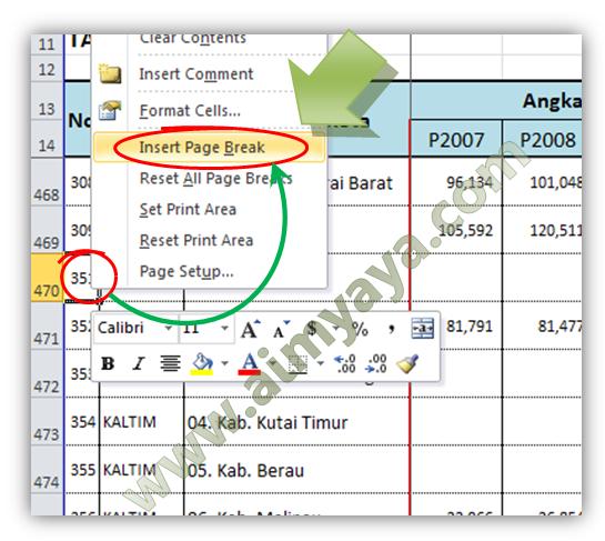  Gambar: Menambah page break melalui popup menu Microsoft Excel