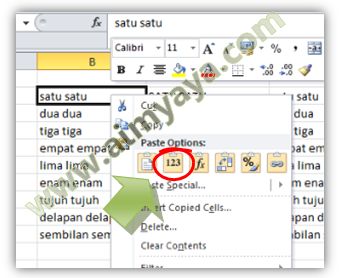  Gambar: Mengakses paste values melalui klik kanan (right click) mouse di Excel 2010